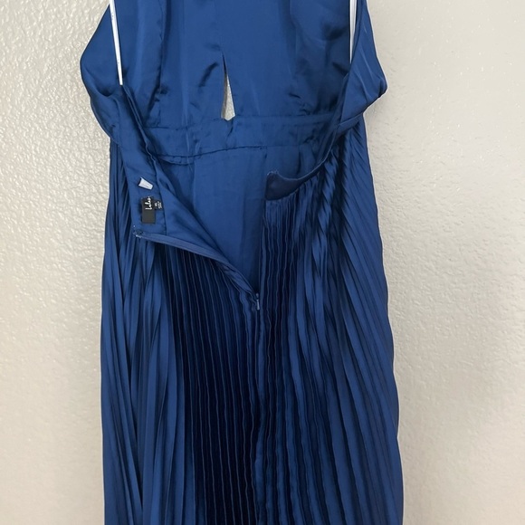 NWOT Midnight Moves Navy Blue Pleated Satin Cutout Halter Maxi Dress - Picture 5 of 8